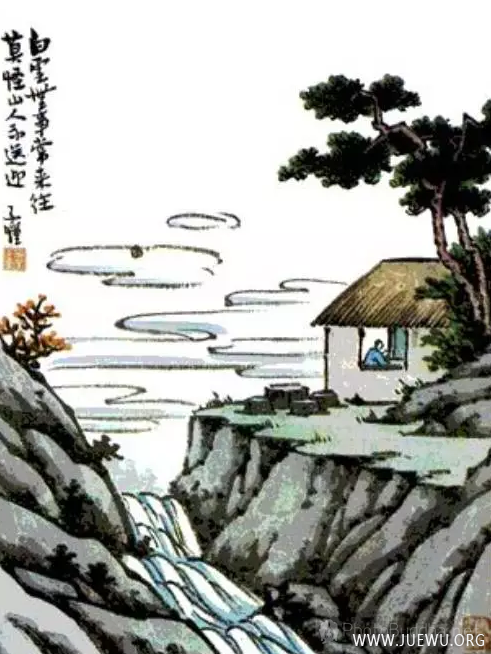 丰子恺的另一幅涉茶漫画《白云无事常来往，莫怪山人不送迎》，与《青山个个伸头看，看我庵中吃苦茶》，有异曲同工之妙。